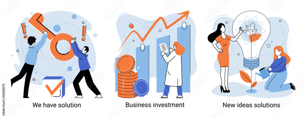 We have solution metaphor, business investment, new ideas solution scenes set. Teamwork and brainstorming. Team and new startup. Leadership and financial activities. Concept joint search for new ideas