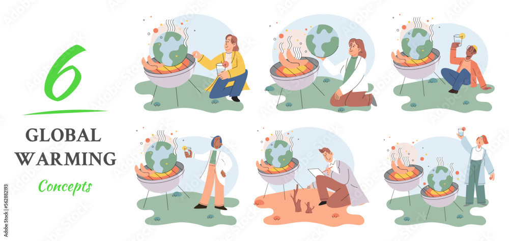 Global warming 6 concepts. Planet suffering as result of large-scale human transformation of environment. People ruthlessly grill globe. Scientist studies problem of rising temperatures on Earth Global warming 6 concepts. Planet suffering as result of large-scale human transformation of environment. People ruthlessly grill globe. Scientist studies problem of rising temperatures on Earth