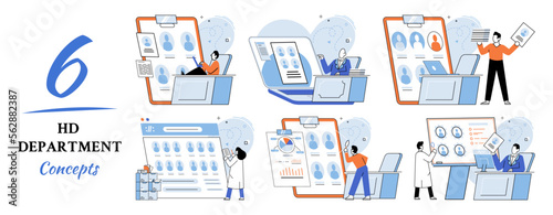 HR department work scenes set, qualified employee responsible for formation of human resources in organization. Specialist engaged in selection, adaptation, dismissal, development of personnel