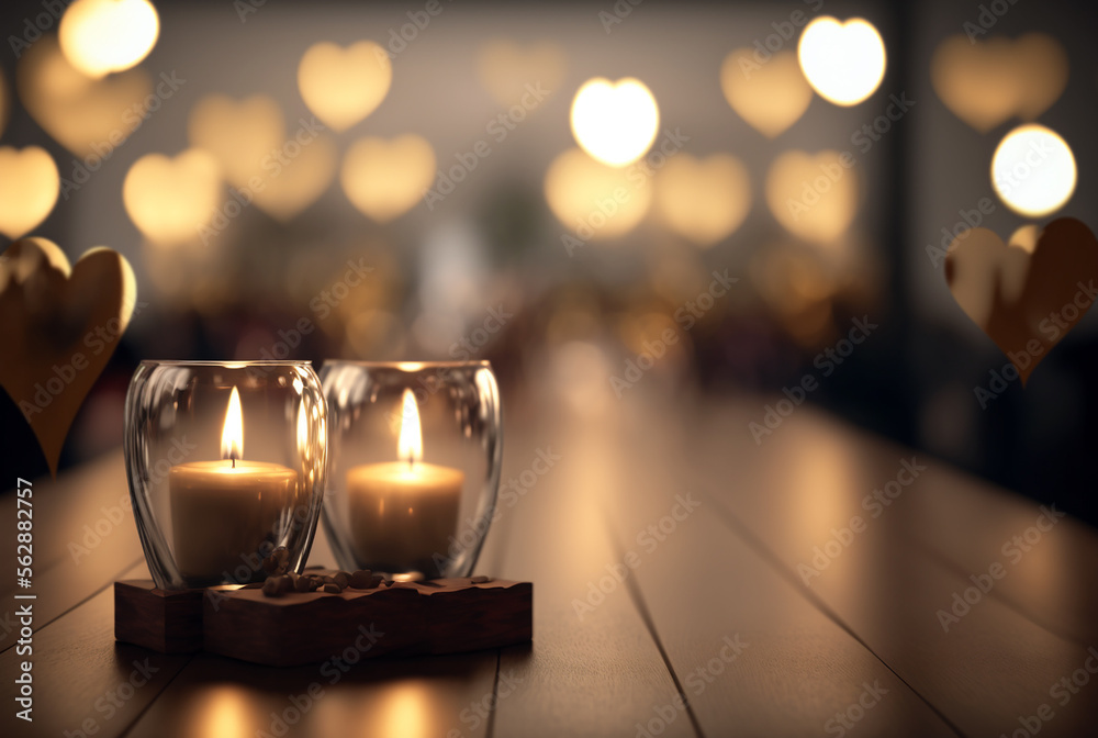 Candles in the night, heart bokeh background, Generative AI