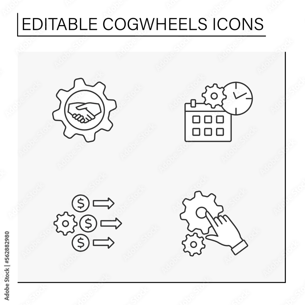 Cogwheels line icons set. Settings and configurations for different situations. Business concept. Isolated vector illustrations. Editable stroke