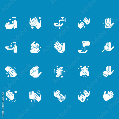 Hand washing glyph icons set. Rules for cleaning palms. Disinfection. Hygiena concept.Filled flat signs. Isolated silhouette vector illustrations