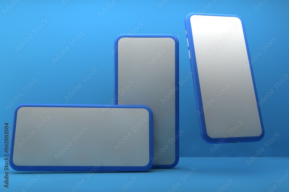 Smartphones with blank screens on blue background. 3D rendering.
