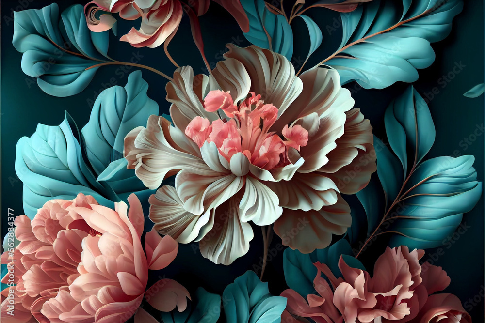 Wonderful vintage flowers pattern isolated on blue background. Generative AI illustration