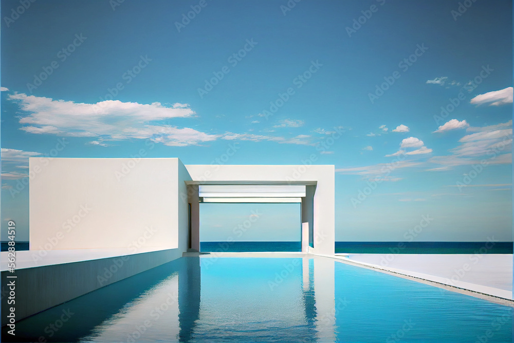 Fototapeta premium Breathtaking residential villa. Modern architecture with swimming pool and sea view. Generative AI illustration