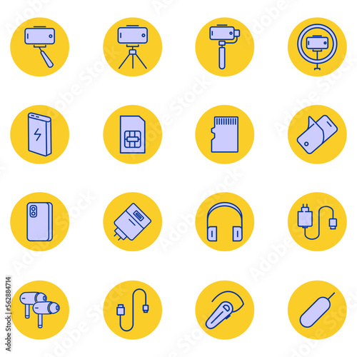 Mobile phone accessories related vector icon set. Vector illustrations such as icons of selfie stick, power bank, case and more, in editable flat colors.