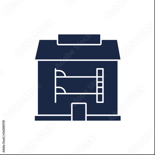  Hostel glyph icon. Inexpensive, supervised lodging place for young people. Residence hall with bunk beds. Hotel concept.Filled flat sign. Isolated silhouette vector illustration