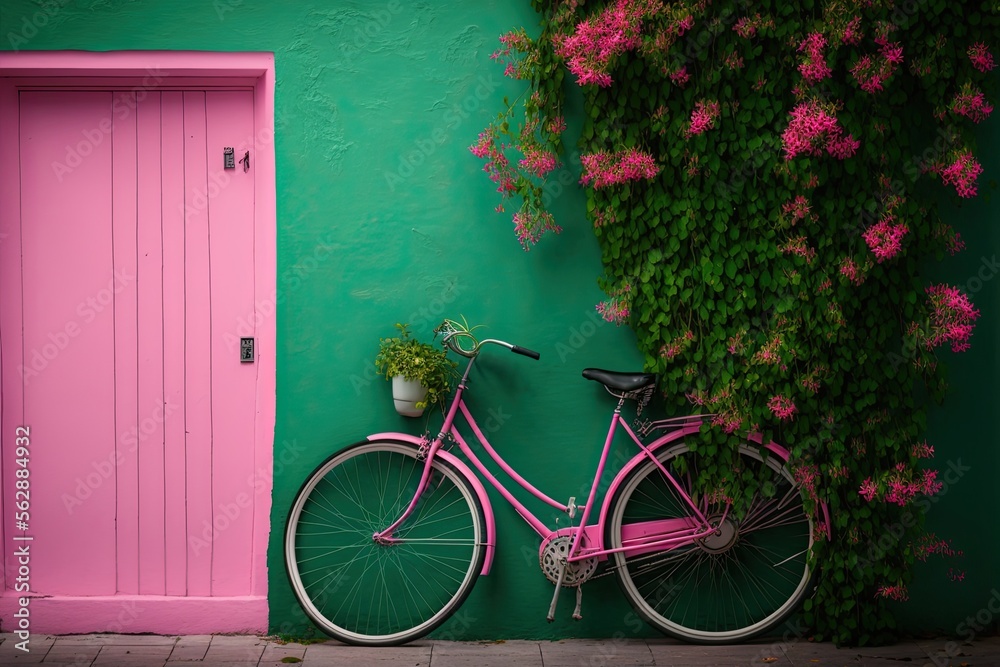pink bicycle in front of a green wall with pink door. Generative AI. 