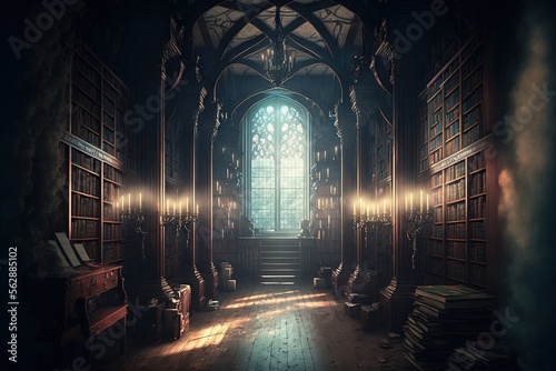 Print op canvas fantasy library in cozy cathedral environment. Generative AI