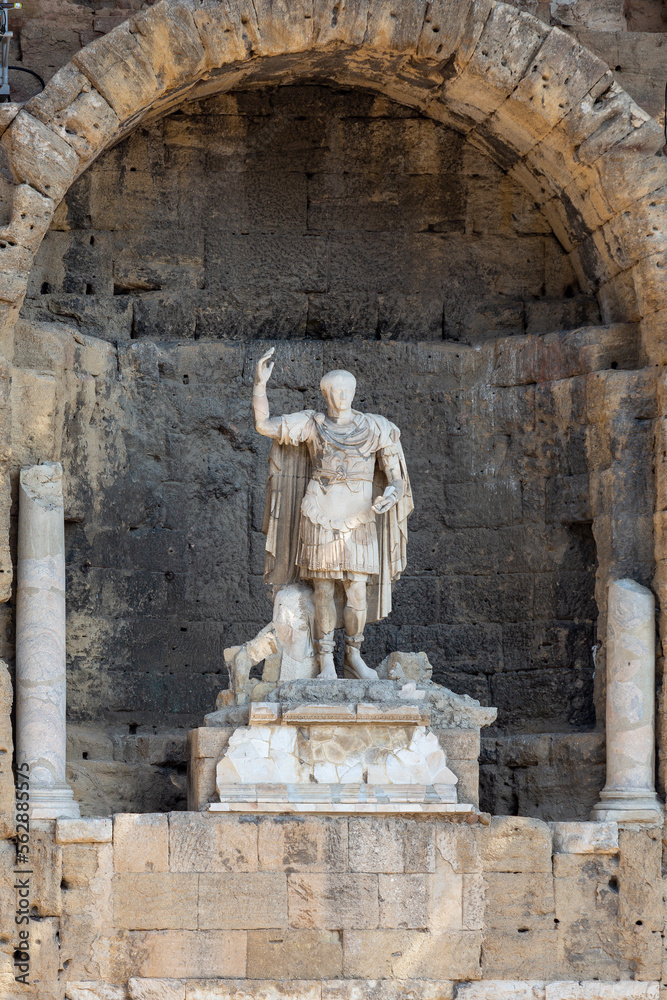 3.5 meter statue of the Emporer Augustus at the Roman Theatre of Orange and Triumphal Arch of Orange, France