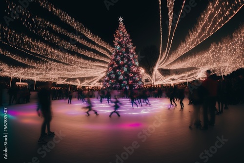 Happy winter and leisure concept. skating rink outdoor. Christmas holiday lights and group of ice skaters in background photo