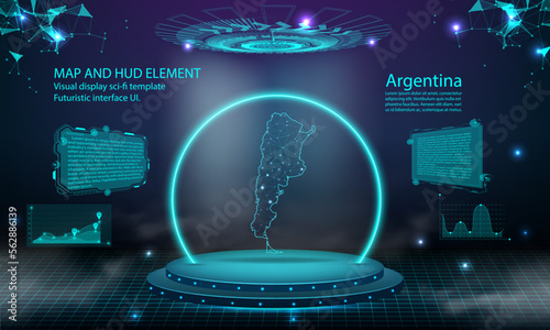argentina map light connecting effect background. abstract digital technology UI, GUI, futuristic HUD Virtual Interface with argentina map. Stage futuristic podium in fog.