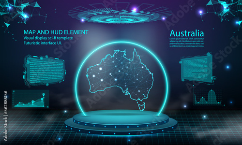 australia map light connecting effect background. abstract digital technology UI, GUI, futuristic HUD Virtual Interface with australia map. Stage futuristic podium in fog.