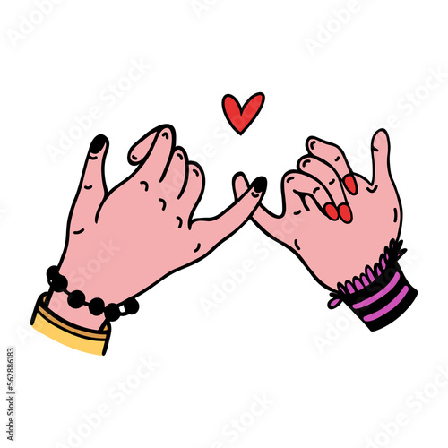Crossed pinky vector icon. Two female hands are held by little fingers. Symbol of promise, swear, support. Romantic relationship gesture. Colored doodle isolated on white. Flat cartoon clipart