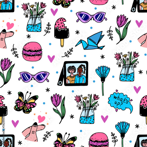 Friendship seamless vector pattern. Best friends, team, family. Good relationship symbols - photos of girlfriends, sweets, flowers, likes. Bright cartoon doodles. Background for cards, posters