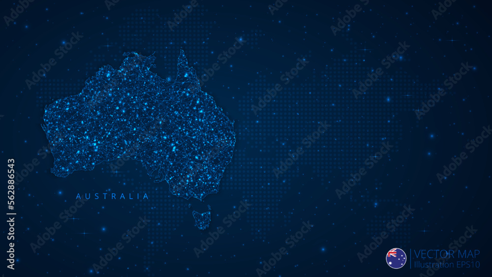 Map of Australia modern design with polygonal shapes on dark blue background. Business wireframe mesh spheres from flying debris. Blue structure style vector illustration concept
