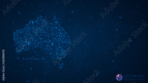Map of Australia modern design with polygonal shapes on dark blue background. Business wireframe mesh spheres from flying debris. Blue structure style vector illustration concept