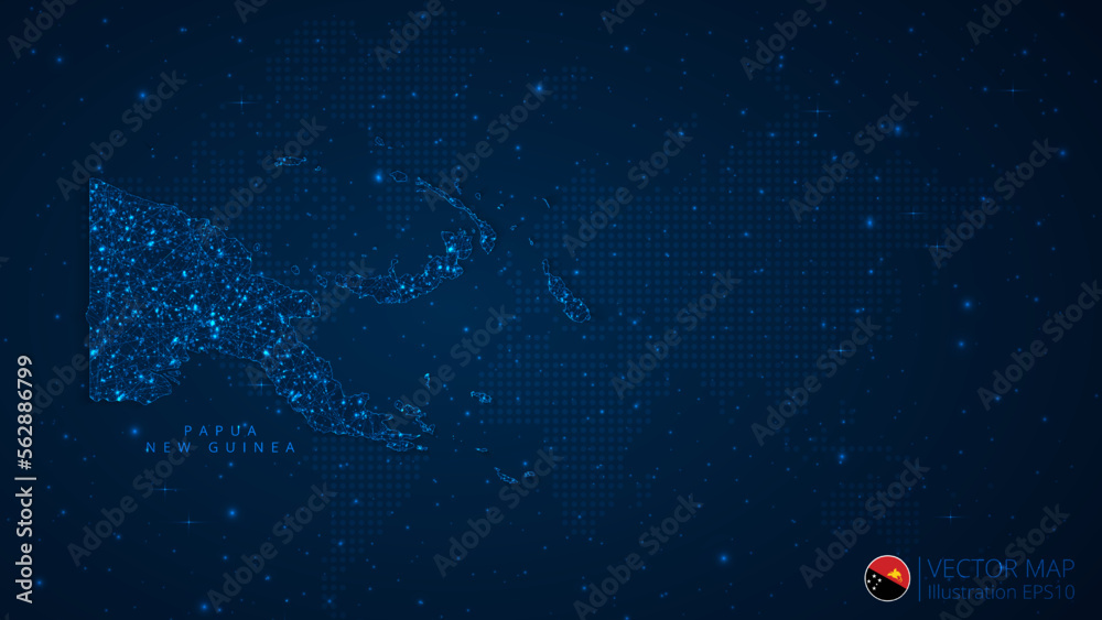 Map of Papua New Guinea modern design with polygonal shapes on dark blue background. Business wireframe mesh spheres from flying debris. Blue structure style vector illustration concept Map of Papua New Guinea modern design with polygonal shapes on dark blue background. Business wireframe mesh spheres from flying debris. Blue structure style vector illustration concept