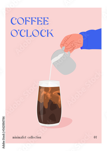 Trendy minimalist poster. Barista hand pouring milk in black ice coffee or tea. Modern print with text or banner for cafe or coffee shop. Vector flat style illustration. 