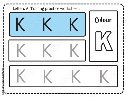 Alphabet letters tracing worksheet with alphabet letter K. Basic writing practice for kindergarten kids worksheet ready to print vector illustration