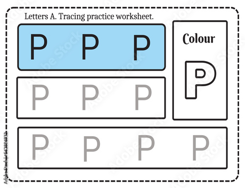 Alphabet letters tracing worksheet with alphabet letter P. Basic writing practice for kindergarten kids worksheet ready to print vector illustration