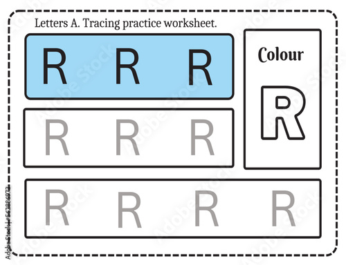 Alphabet letters tracing worksheet with alphabet letter R. Basic writing practice for kindergarten kids worksheet ready to print vector illustration