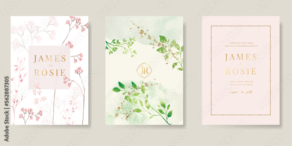 Summer Flower Wedding Invitation set, floral invite thank you, rsvp modern card Design in pink leaf greenery  branches with blue background decorative Vector elegant rustic template
