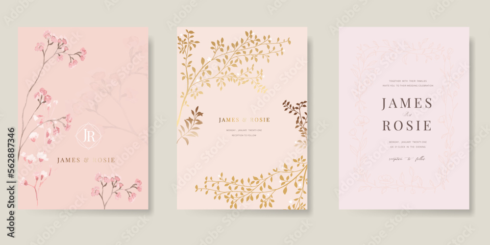 Pink and gold Wedding Invitation set, floral invite thank you, rsvp modern card Design in pink leaf greenery  branches with blue background decorative Vector elegant rustic template
