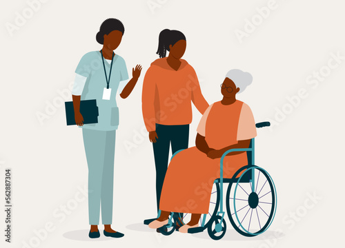 Black Granddaughter Visiting Her Grandmother And Was Welcome By A Friendly Nursing Assistant. Full Length. Flat Design Style, Character, Cartoon.