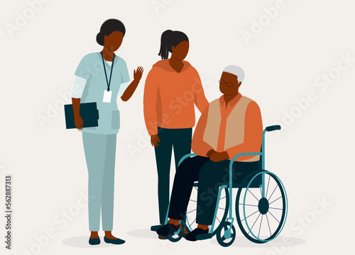 Black Granddaughter Visiting Her Grandfather And Was Welcome By A Friendly Nursing Assistant. Full Length. Flat Design Style, Character, Cartoon.
