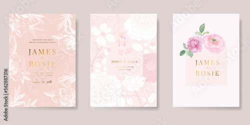 pastel pink Wedding Invitation set, floral invite thank you, rsvp modern card Design in pink leaf greenery branches with blue background decorative Vector elegant rustic template 