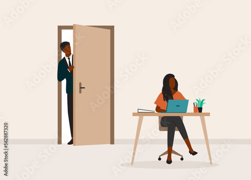 Toxic Boss Standing Behind The Door Spying His Female Staff Working At The Office. Full Length. Flat Design Style, Character, Cartoon.