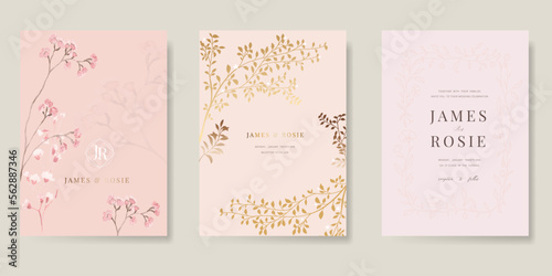 Pink and gold Wedding Invitation set, floral invite thank you, rsvp modern card Design in pink leaf greenery  branches with blue background decorative Vector elegant rustic template
