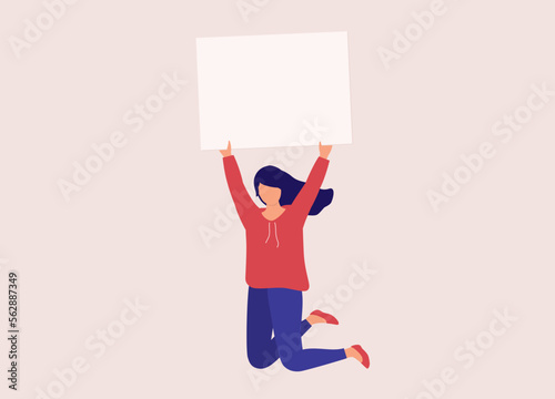 One Young Woman Holding Up An Empty White Banner While Jumping. Full Length. Flat Design Style, Character, Cartoon.