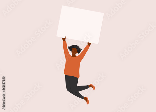 One Young Black Woman Holding Up An Empty White Banner While Jumping. Full Length. Flat Design Style, Character, Cartoon.