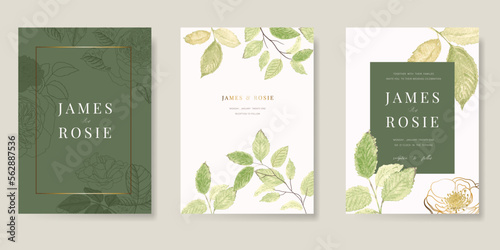 green Summer Flower Wedding Invitation set, floral invite thank you, rsvp modern card Design in pink leaf greenery branches with blue background decorative Vector elegant rustic template 