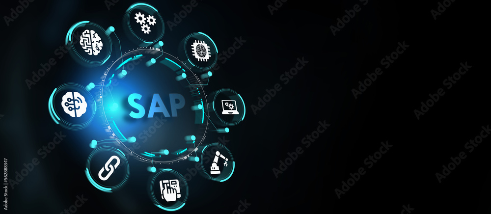 SAP System Software Automation concept on virtual screen data center. Business, modern technology, internet and networking concept. 3d illustration SAP System Software Automation concept on virtual screen data center. Business, modern technology, internet and networking concept. 3d illustration