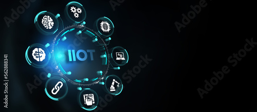 IIOT concept. Businessman offer IIOT products and solutions. The future of technology. Virtual screen of the future with the inscription: IIOT. 3d illustration