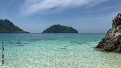 Island aerial view beach sand background. Travel landscape summer beautiful blue sky clouds moving fast. Nature abstract motion. sandy water wave ocean shore.