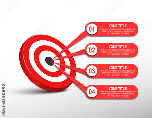 3d red target dartboard with label infographic. target step number. Business data chart, investment goal, marketing challenge, strategy presentation, achievement diagram. information vector template.