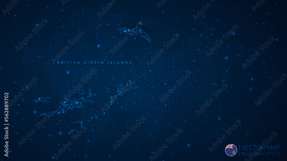Map of British Virgin Islands modern design with polygonal shapes on dark blue background. Business wireframe mesh spheres from flying debris. Blue structure style vector illustration concept