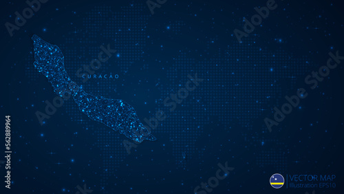 Map of Curacao modern design with polygonal shapes on dark blue background. Business wireframe mesh spheres from flying debris. Blue structure style vector illustration concept