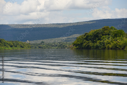 The rainforest-lined Guaporé-Itenez river and the rugged hills of the Noel Kempff Mercado National Park, near Cabixi, Rondonia state, Brazil, on the border with Santa Cruz Department, Bolivia