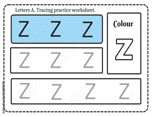 Alphabet letters tracing worksheet with alphabet letter Z. Basic writing practice for kindergarten kids worksheet ready to print vector illustration