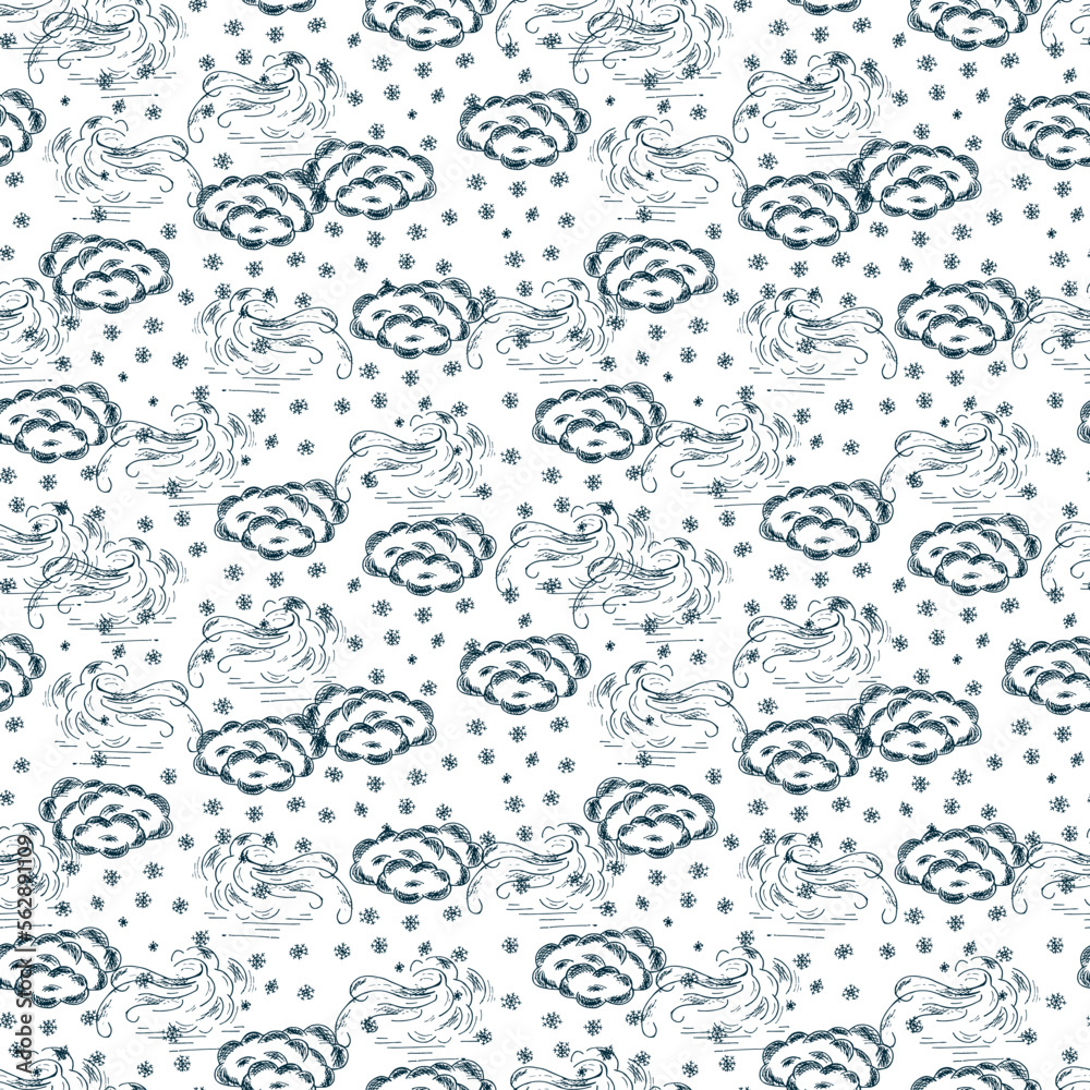 Winter Seamless pattern. Winter weather background - Snowstorm, Snow cloud, wind, snow, snowflakes. Hand drawn vector doodle illustration