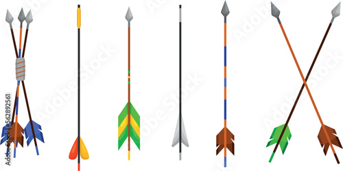Tribal arrows for bow crossed heap colored feathers native archery hunting set vector flat