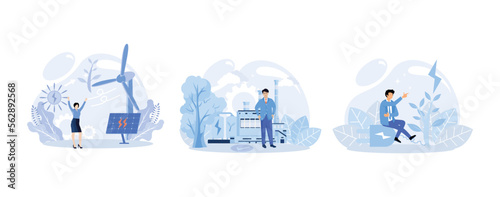 Sustainability illustration. Sustainable clean industrial factory, renewable energy sources and green electricity. Flat vector modern illustration 