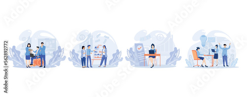 Business people illustration. Diverse characters and persons with disability working together at office. People talking with colleagues and planning financial strategy. Flat vector modern illustration