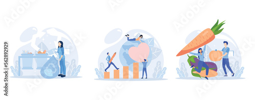 Sustainable lifestyle. People collecting plastic trash into recycling garbage bin  trying to save planet earth and following vegan diet. Flat vector modern illustration 