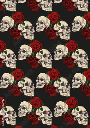 seamless pattern with skulls and roses